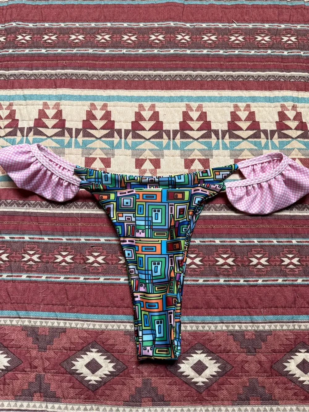 Strawberry Milk Mob Multicolor Geometric Bikini Top with Pink Accents size small